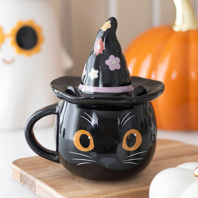Groovy Black Witch Cat Mug with Lid