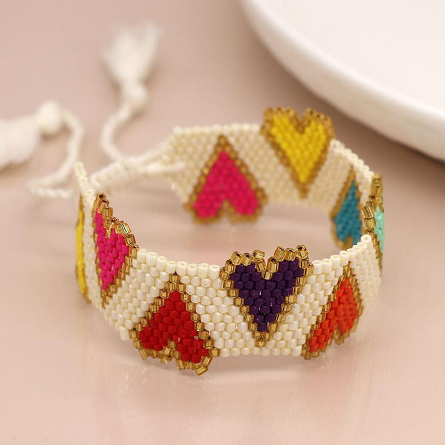 Pom Boutique White and Multi Colour Hearts Beaded Bracelet