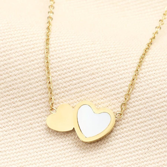 Mother of Pearl Double Heart Pendant Necklace in Gold