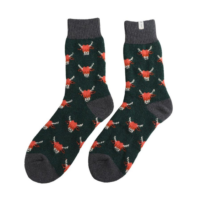 Thick Green Highland Cow Men's Wool Socks