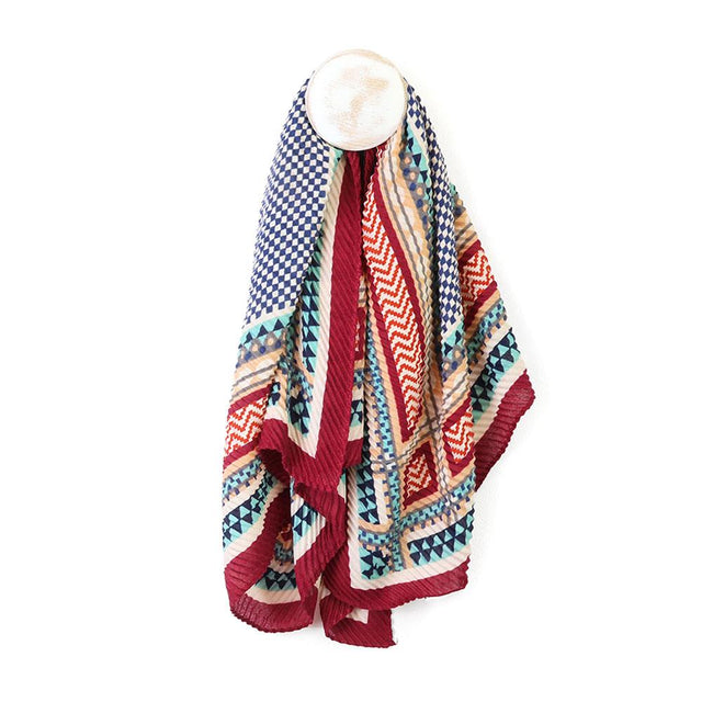 Square Wine, Ecru and Blue Crinkle Scarf