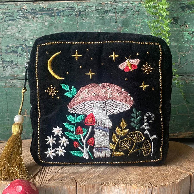 Forage Embroidered Black Makeup Bag