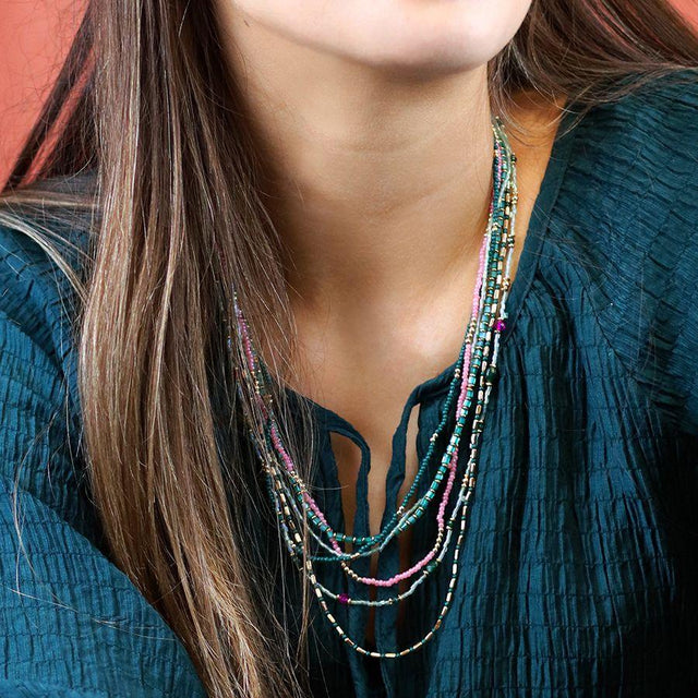 Pom Boutique Turquoise Pink and Gold Beaded Multi Layer Boho Necklace on Model