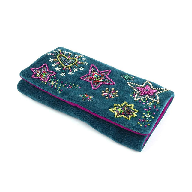 Starburst Teal Velvet Embroidered Jewellery Roll