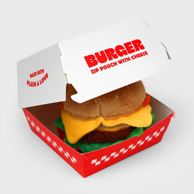 Plush Hamburger Zip Pouch in Gift Box Half Closed