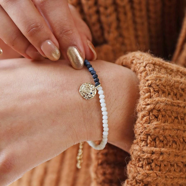 Navy and Grey Talisman Moon Charm Beaded Bracelet