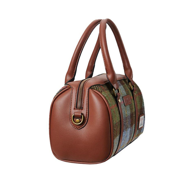 Harris Tweed Chestnut and Blue Tartan Medium Duffel Bag Side Facing