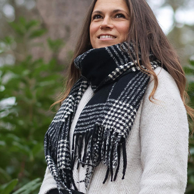 Black and White Striped Check Scarf