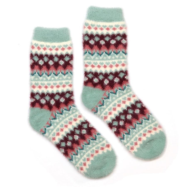 Pastel Blue and Wine Red Fuffy Scandi Zigzag Women's Socks