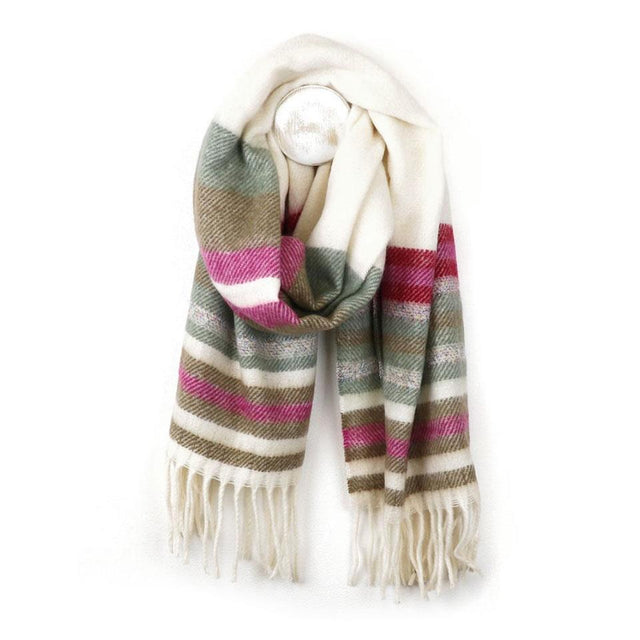 Cream, Grey and Pink Twill Knit Striped Scarf