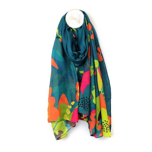 Pom Boutique Teal and Yellow Tropical Paradise Print Scarf