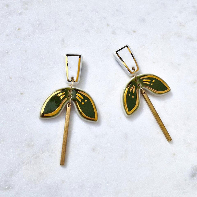Little Lovers Florri Art Deco Olive Green Dangle Earrings