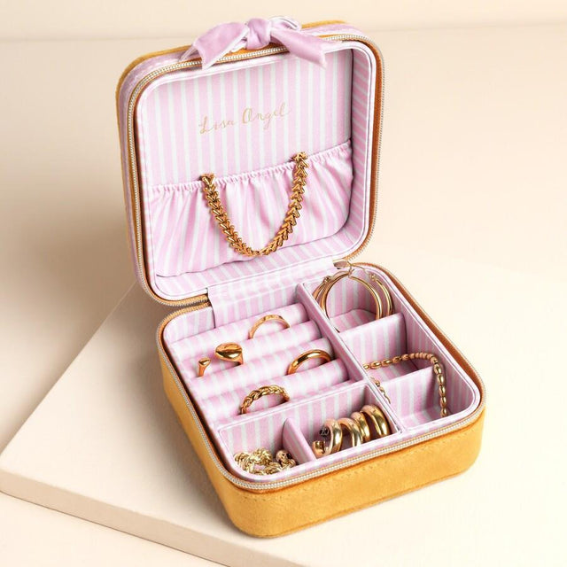 Mustard and Pink Velvet Bow Square Travel Jewellery Case