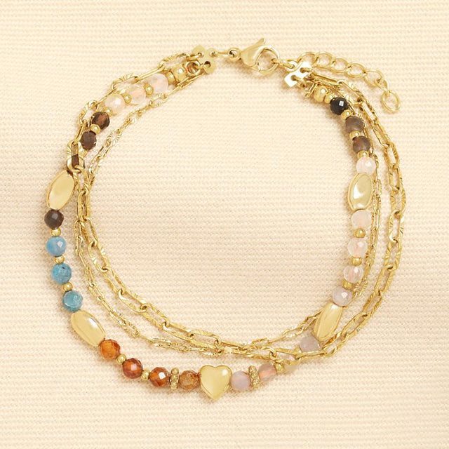 Earthy Tones Double Layer Beaded Heart Bracelet in Gold