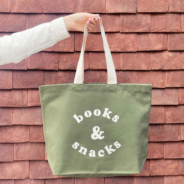 Books & Snacks Olive Green Canvas Tote Bag Full size