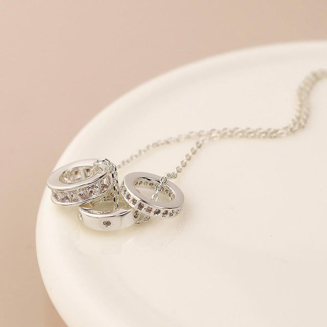 Silver Triple Mini Crystal Rings Necklace