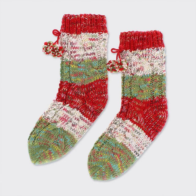 Red & Green Chunky Knit Slipper Women's Socks
