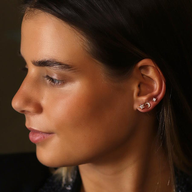 Faux Gold Star, Moon and Crystal Stud Earring Set