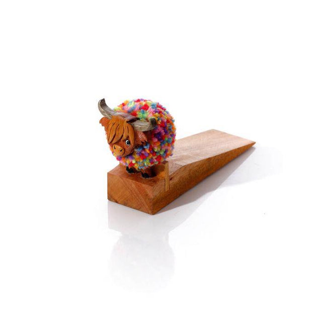 Pom Pom Highland Coo Rainbow Wooden Door Wedge
