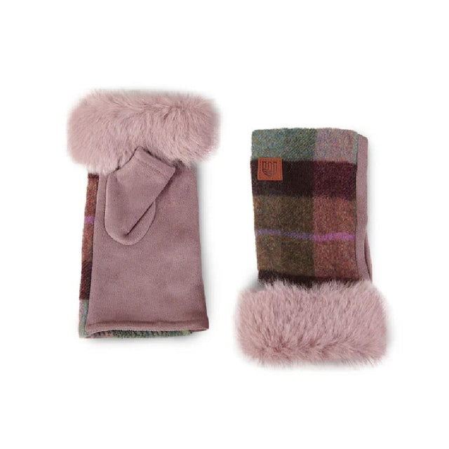 Pink and Green Tartan Lambswool Mittens Close Up