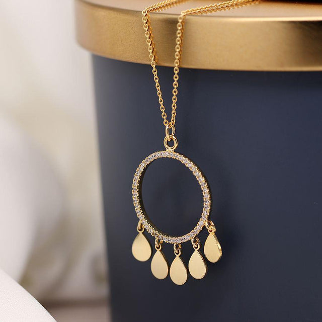 Faux Gold Pave Crystal Pendant Necklace with Teardrop Charms