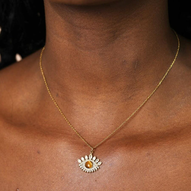 Tiger's Eye Crystal Pendant Necklace Gold