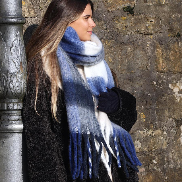 Royal Blue Check Fluffy Fringed Scarf