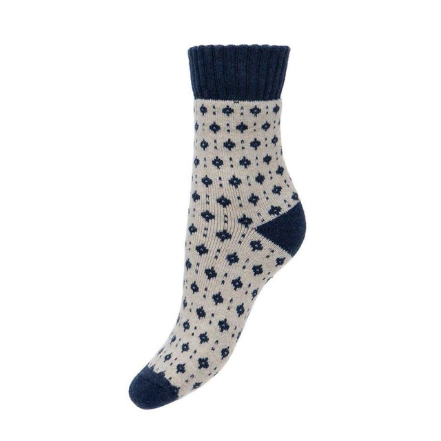 Blue and Cream Diamonds Pattern Women's Wool Blend Socks Miss Sparrow
