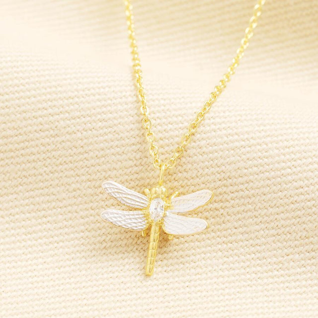 Silver and Gold Dragonfly Pendant Necklace