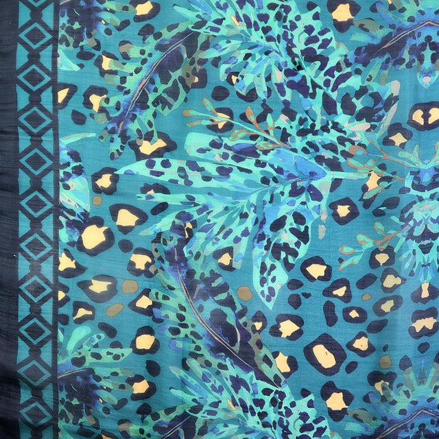 Teal and Navy Botanical Animal Print Square Silk Scarf
