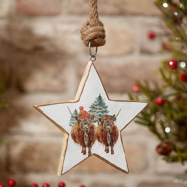 Christmas Highland Cow Wooden Hanging Star