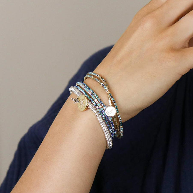 Silver and Faux Gold Blue Mix Crystal Five Bracelet Stack