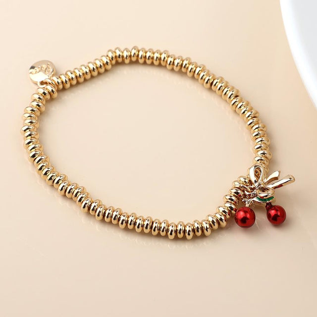 Faux Gold Bead Bracelet with Red Cherry Charm
