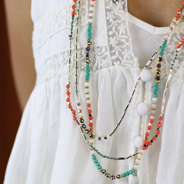 Coral, Turquoise and Gold Beaded Multi Strand Boho Necklace