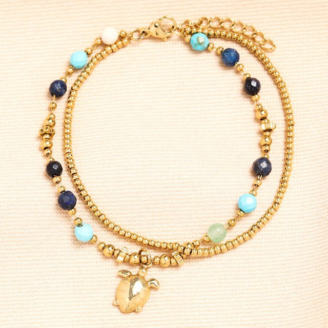 Gold Semi Precious Beaded Blue Turtle Charm Bracelet