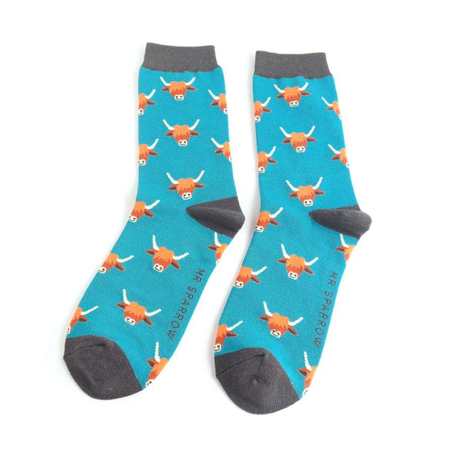 Mr Sparrow Teal Highland Cow Men's Bamboo Socks
