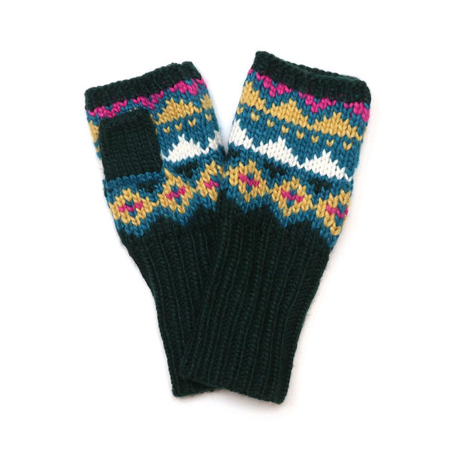 Dark Green and Camel Geometric Knit Wristwarmers