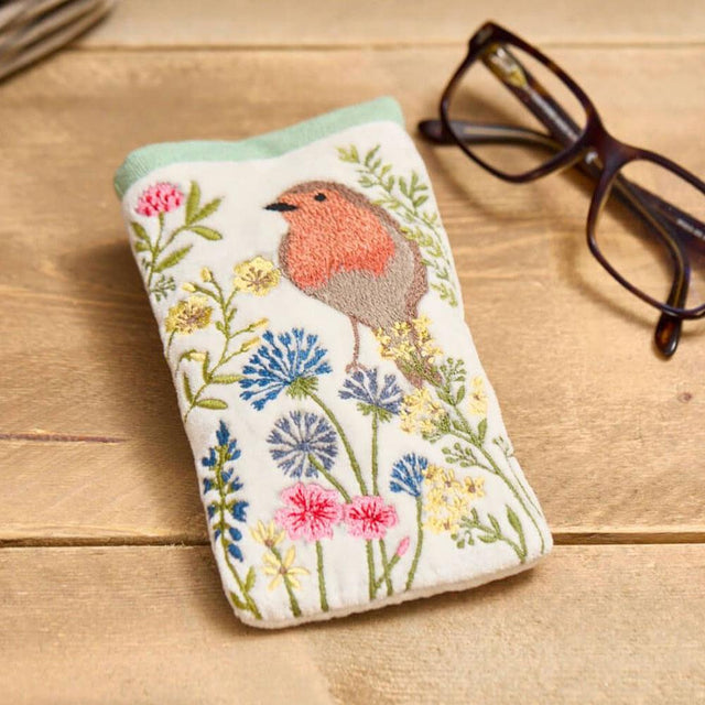 Robin Floral Embroidery Velvet Glasses Case