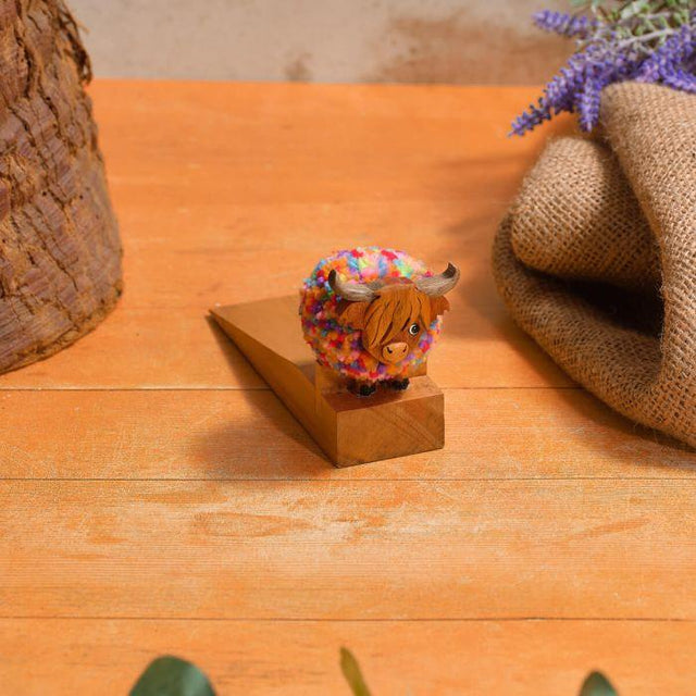 Pom Pom Highland Coo Rainbow Wooden Door Wedge