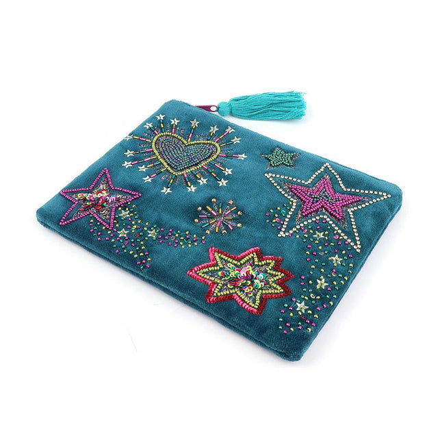 Starburst Teal Velvet Embroidered Zip Purse