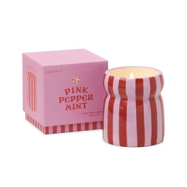 Pink Peppermint Red and Pink Striped Ceramic Candle