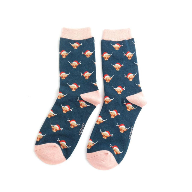 Navy Christmas Highland Cows Women's Socks