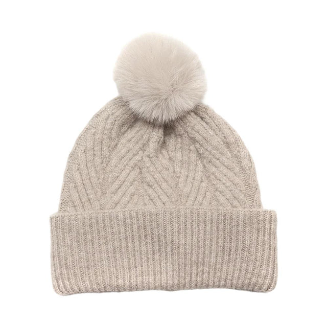 Oatmeal Herringbone Knit Bobble Hat