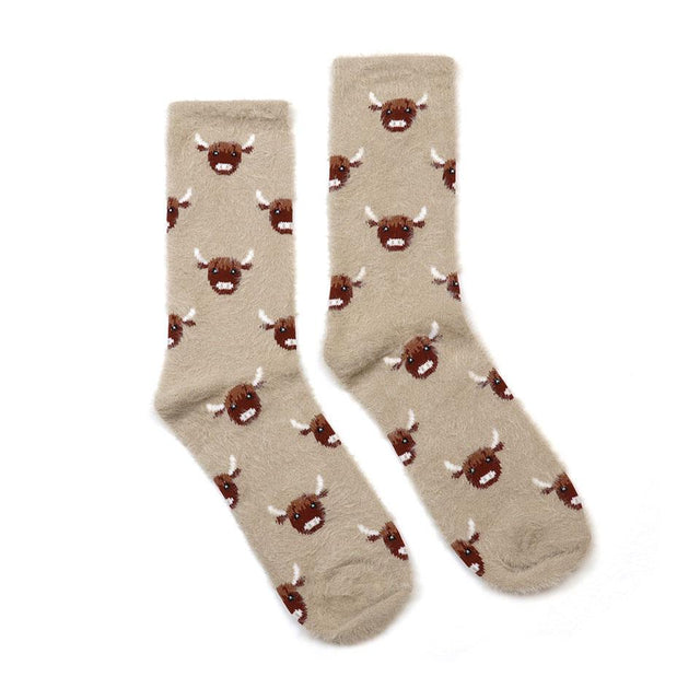 Beige Fluffy Highland Cow Socks