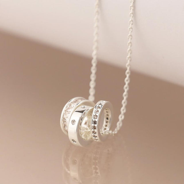 Silver Triple Mini Crystal Rings Necklace