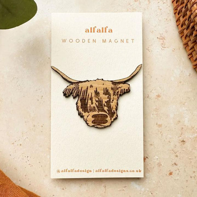 Highland Cow Head Wood Magnet on Backing Card