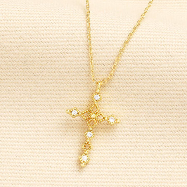Crystal Cross Pendant Necklace in Gold