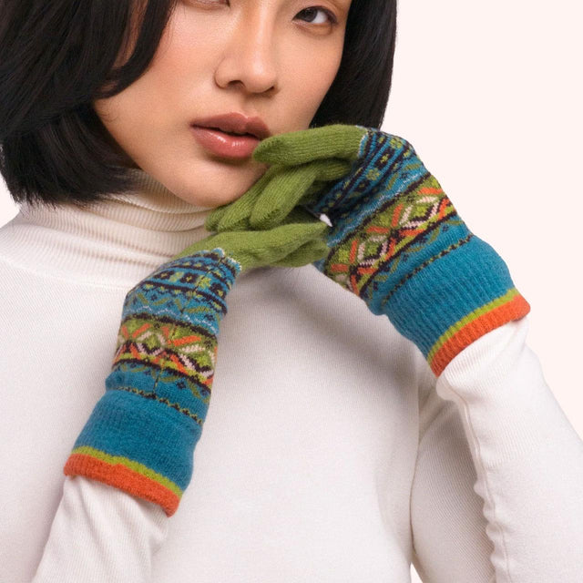 Teal Fairisle Gloves on Model