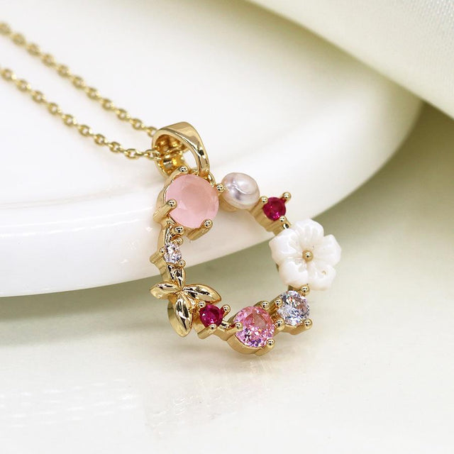 Shell and Pink Floral Wreath Necklace
