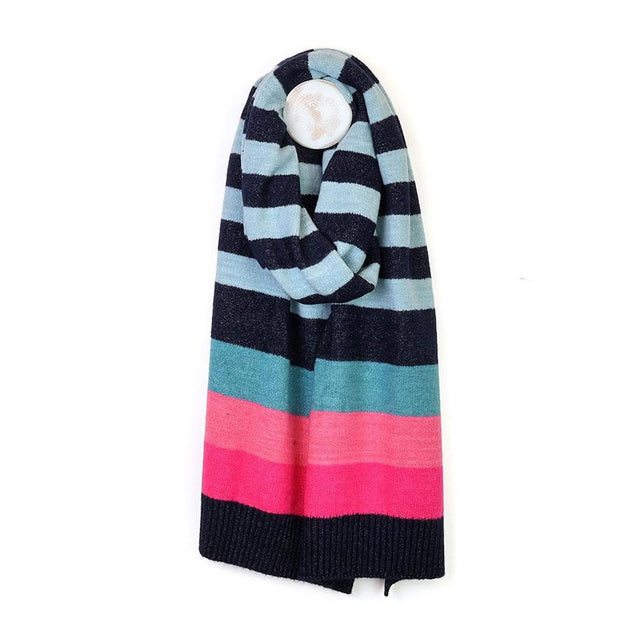Navy, Teal and Pink Stripe Knit Scarf